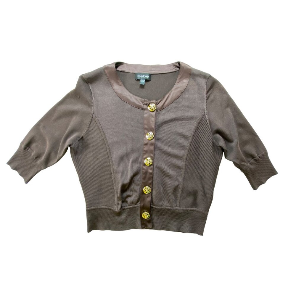 Bebe Chocolate Brown Gold Buttons Cardigan Sweater Top‎ Size Large Stretch  Y2K